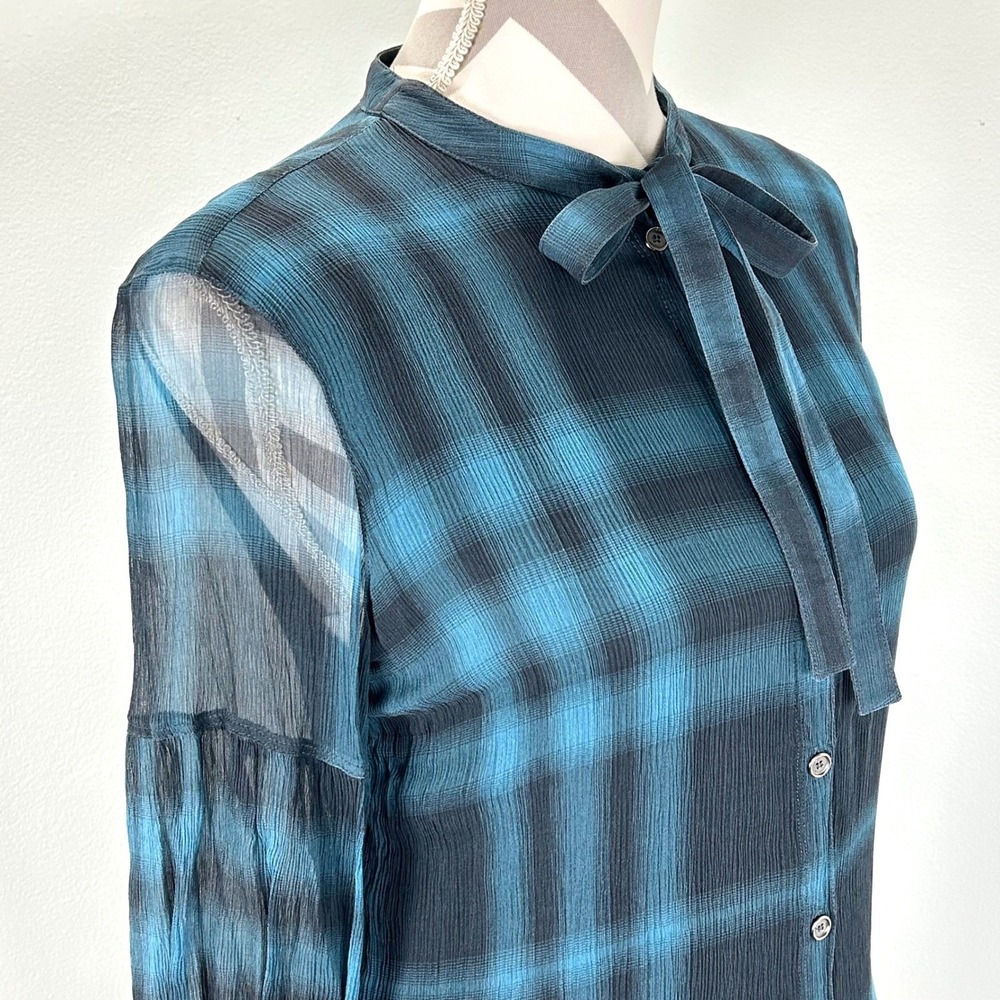 Burberry Plaid Georgette 100% Silk Blouse Shirt Tie Neck Button‎ Front  Women L - Picture 7 of 11